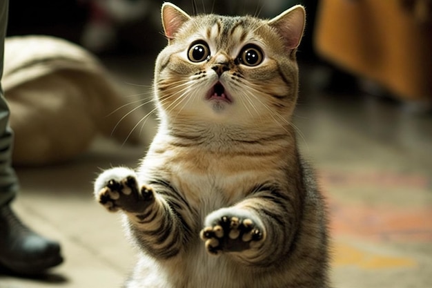 Zabawny zaskoczony kot z pytającą pozą Słodki kociak pyta z zaskoczeniem, gdzie są smakołyki Wygenerowana sztuczna inteligencja