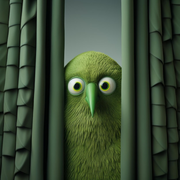 Zdjęcie zabawny zielony ptak patrzący z zasłony zabawny projekt postaci