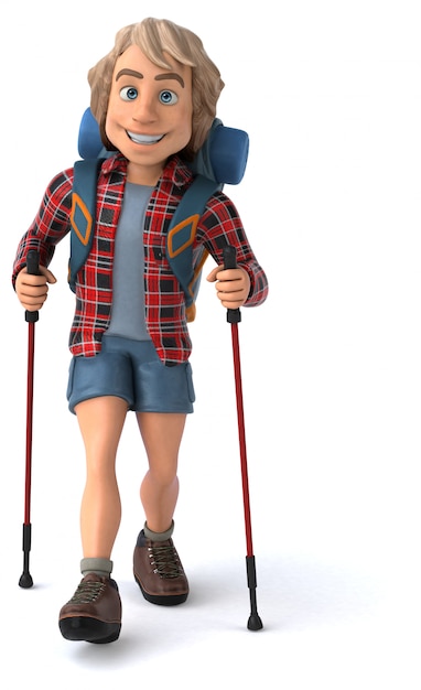 Zabawy Backpacker Z Chodzącymi Kijami - 3d Ilustracja