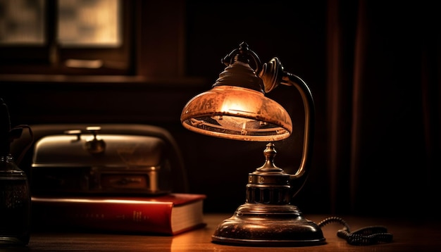 Zabytkowa lampa oświetla starożytną literaturę martwą naturę wygenerowaną przez sztuczną inteligencję