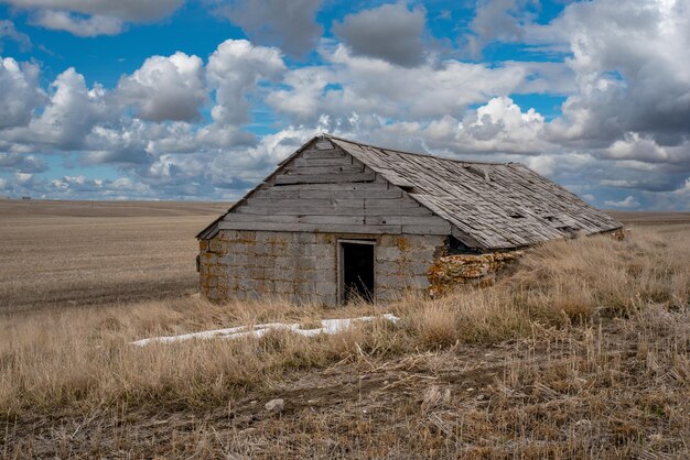 Zabytkowa ziemianka przerobiona na stodołę na polu w Saskatchewan