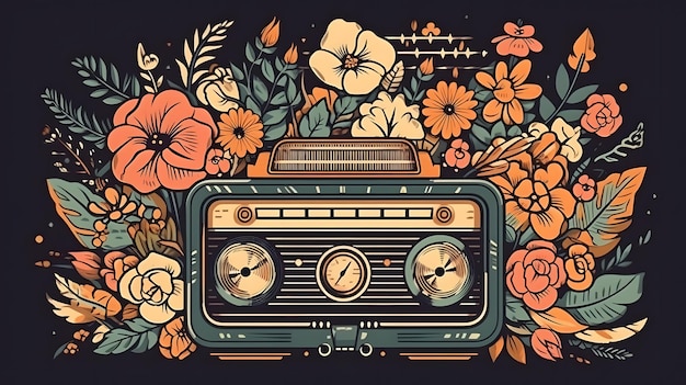 Zabytkowe radio z kwiatami i obrazem kwiatów.