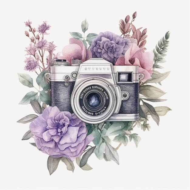 Zabytkowy aparat z kwiatami na nim.