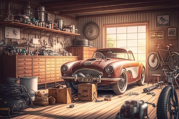 Zabytkowy garaż z pięknym drewnianym warsztatem i narzędziami w otoczeniu klasycznych samochodów i motocykli