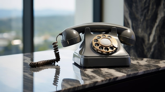 Zabytkowy obrotowy telefon biurowy na marmurowej powierzchni emanujący klimatem retro