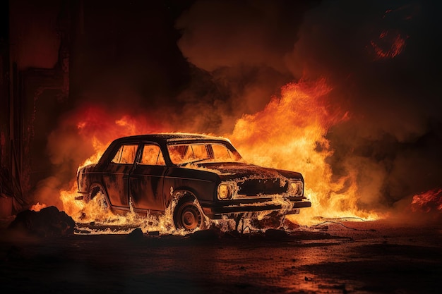 Zabytkowy samochód płonący w nocy po wandalizmie lub zdarzeniu drogowym