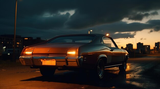 Zabytkowy samochód typu muscle car zaparkowany na ulicy nocą Scena retro synthwave w stylu lat 80. z mocnym napędem wieczorem Wygenerowana sztuczna inteligencja