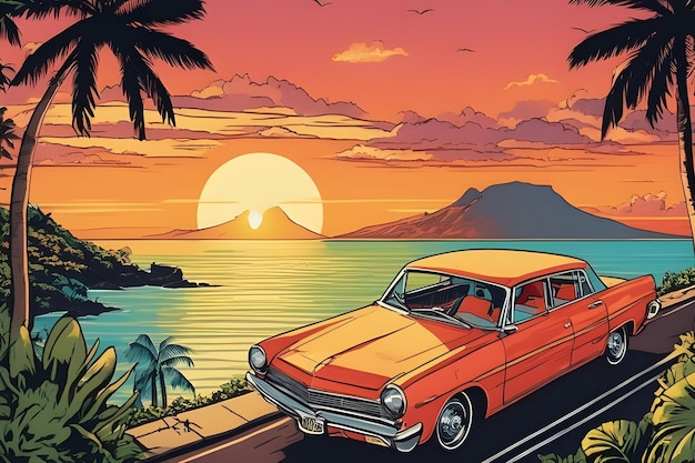Zabytkowy samochód w podróży z pomarańczowym niebem i promieniami słońca