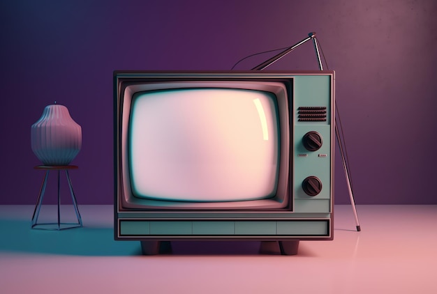 Zabytkowy telewizor z różową lampą i różową piłką na stole.