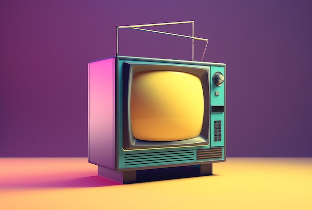 Zabytkowy telewizor z żółtym i fioletowym tłem.