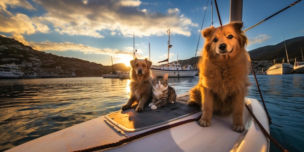 zachód s?o?ca w "bezpiecznej przystani" Grecja kot i pies siedzi na promenadzie statek rybacki na morzu