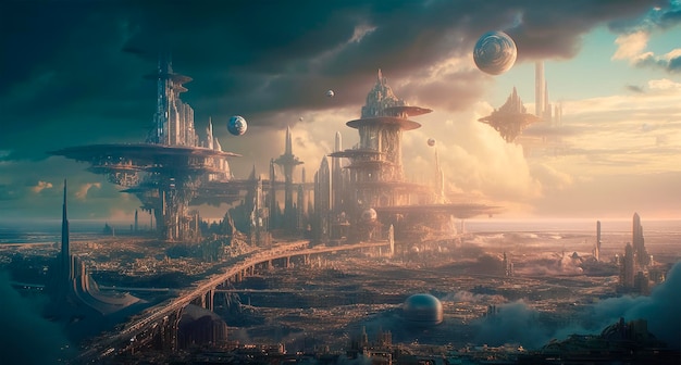 Zdjęcie zachód słońca 3d miasto przyszłości obce miasta scifi science fiction