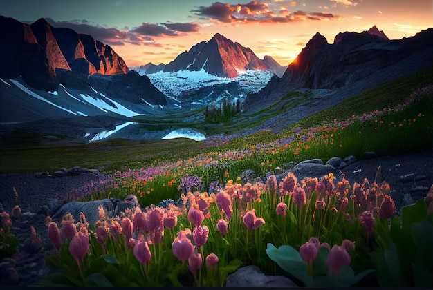 Zachód słońca Górskie pole kwiatów Generacyjna sztuczna inteligencja