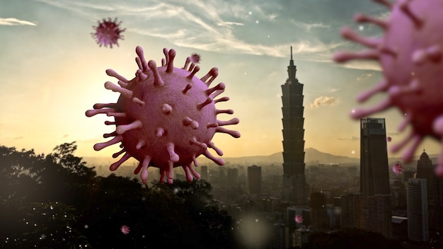 zachód słońca i koronawirus grypy unoszący się na panoramie korporacji w nowoczesnym mieście Tajpej