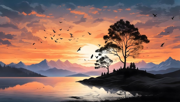 Zachód słońca i sylwetki drzew w górach latające ptaki