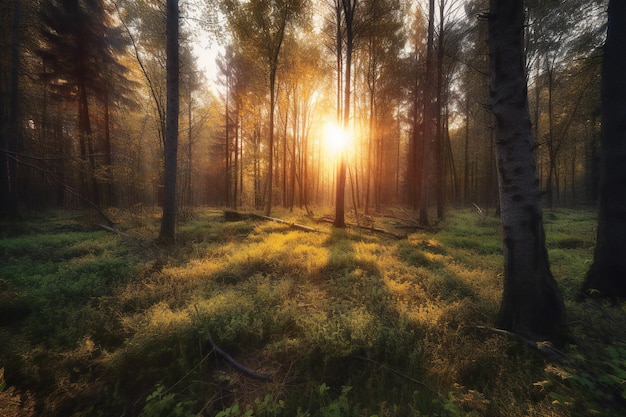 Zachód słońca lub wschód słońca w lesie z mgłą i promieniami światła