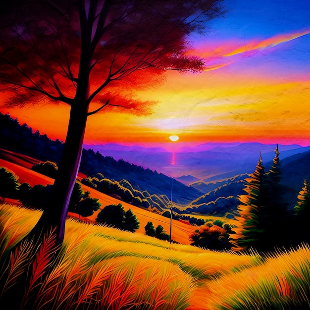 Zachód Słońca Malarstwo Nastrojowy Impasto Słońce Krajobraz Kolorowe Tło