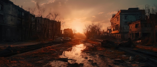 zachód słońca miasto mgła post apokalipsa pejzaż opuszczony panorama ultrawide sztuka zniszczenie pusty