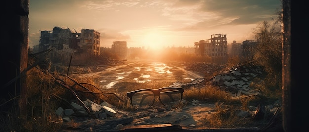 zachód słońca miasto okulary post apokalipsa pejzaż opuszczony panorama ultrawide sztuka zniszczenie pusty