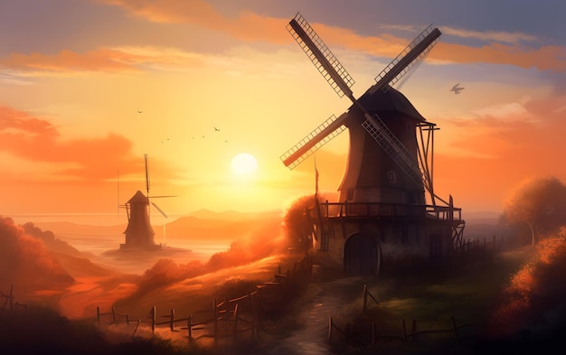 Zachód słońca na holenderskiej wsi z wiatrakami