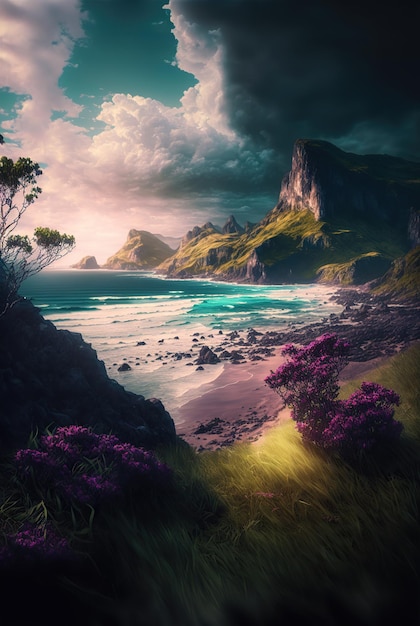 Zachód słońca na linii brzegowej dzikiej plaży i piasku Fale i fale morskie na tle gór i kwiatów Świt w pochmurnym niebie ilustracja 3d