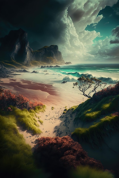 Zachód słońca na linii brzegowej dzikiej plaży i piasku Fale i fale morskie na tle gór i kwiatów Świt w pochmurnym niebie ilustracja 3d
