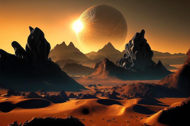 Zachód słońca na planetach obcych i księżycach w kolorowej, lekkiej przestrzeni fantasy Stworzony przy użyciu technologii Generative AI