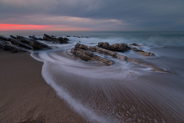 Zachód Słońca Na Plaży Bidart Obok Biarritz, Kraj Basków.