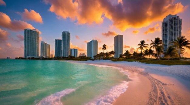 Zachód Słońca Na Plaży Miami Scena Plaży Miami Fantastyczny Widok Na Plażę Zachód Słoneczny Nad Plażą