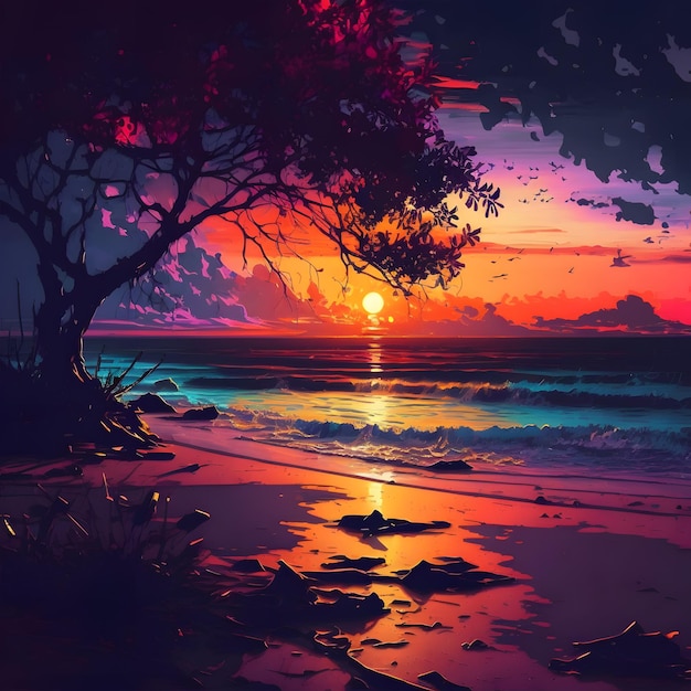Zachód słońca na plaży z drzewem i zachodem słońca