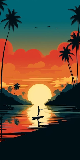 zachód słońca na plaży z mężczyzną na desce surfingowej generatywnej AI