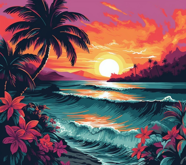 zachód słońca na plaży z palmami i kwiatami generatywny ai