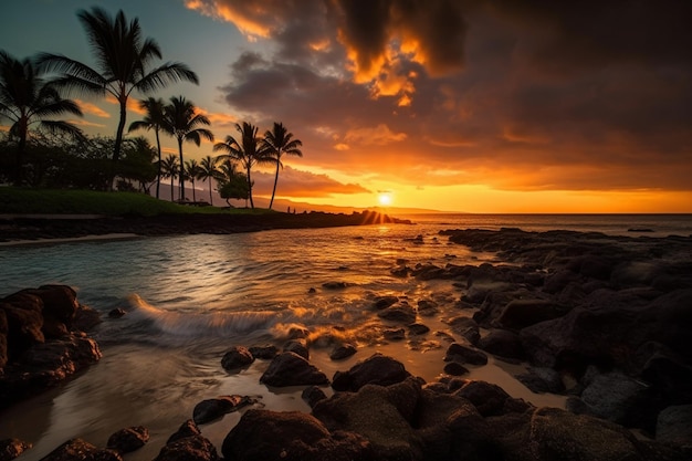 Zachód słońca na plaży z palmami i pochmurnym niebem