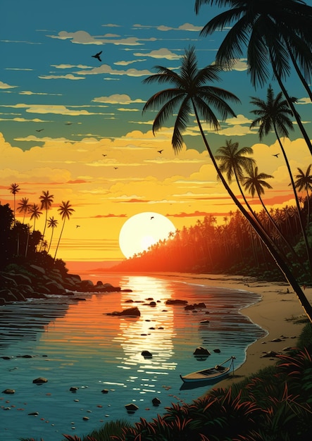 zachód słońca na plaży z palmami i ptakami latającymi nad wodą generatywny ai