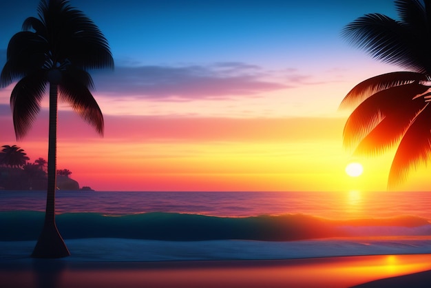 Zachód słońca na plaży z palmami i słońcem