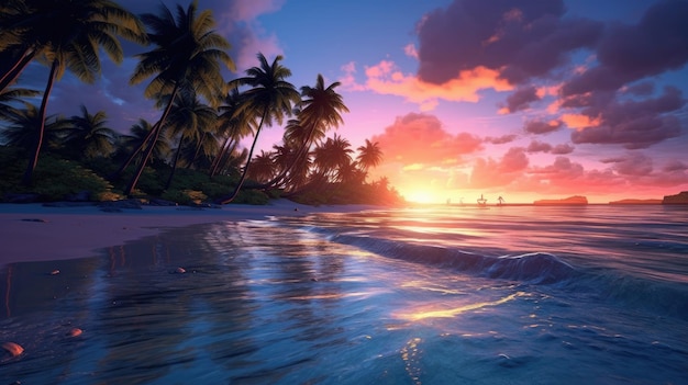 Zachód słońca na plaży z palmami i zachodem słońca