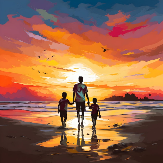 Zachód słońca na plaży z rodziną