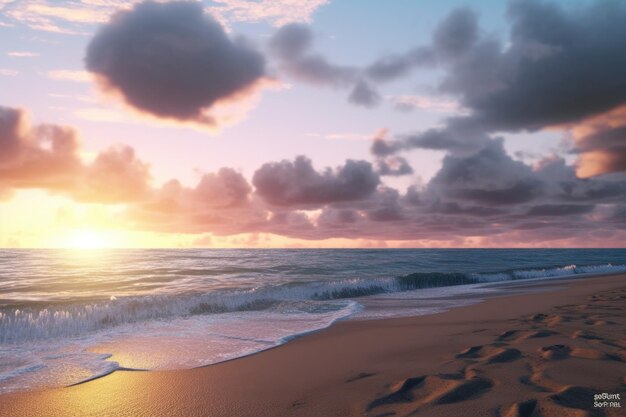 Zachód słońca na plaży z zachodem słońca w tle Generative Ai