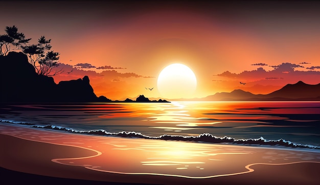 Zachód słońca na plaży z zachodem słońca w tle