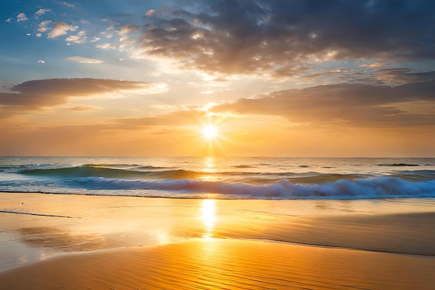 Zachód słońca na plaży ze słońcem świecącym na horyzoncie