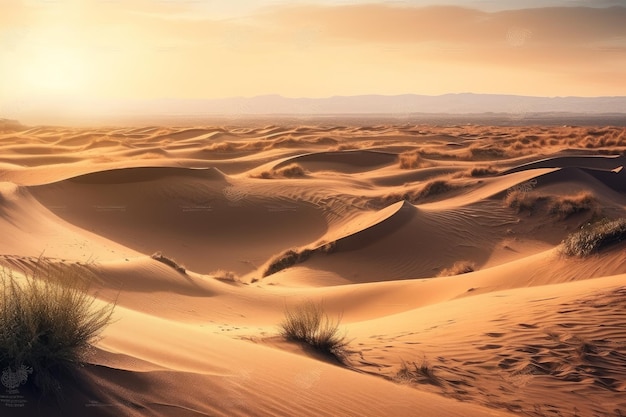 Zachód słońca na pustyni z pustynnym krajobrazem