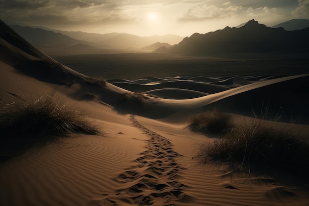 Zachód słońca na pustyni z wydmą i zachodem słońca w tle.
