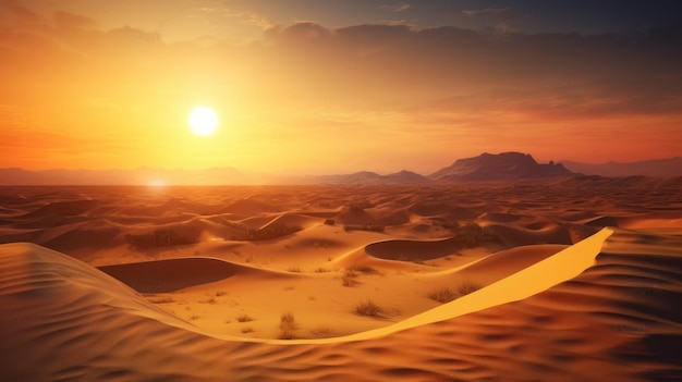 Zachód słońca na pustyni z wydmami i górami w tle