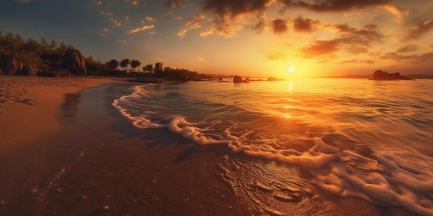 Zachód słońca na tle wakacji z piaskiem na plaży AI Generated