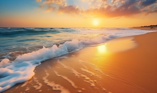 Zachód słońca na tropikalnej letniej plaży z miękkim piaskiem i krystalicznie czystymi falami oceanu