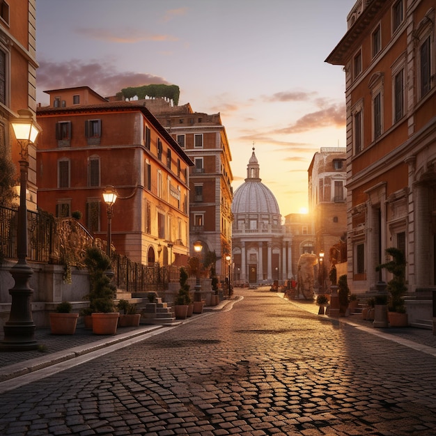 Zachód słońca na ulicy Rzymu wygenerowany przez sztuczną inteligencję
