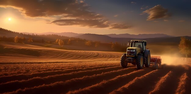 Zachód słońca na wsi Traktor na dużym polu tworzący grządki do wysiewu nasion w oczyszczonej glebie Pojazd rolniczy Generative Ai