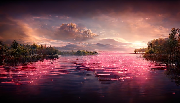 Zachód słońca na wybrzeżu jeziora Natura krajobraz Przyroda w północnej Europie odbicie krajobrazu podczas zachodu słońca renderowanie 3d Ilustracja rastrowa