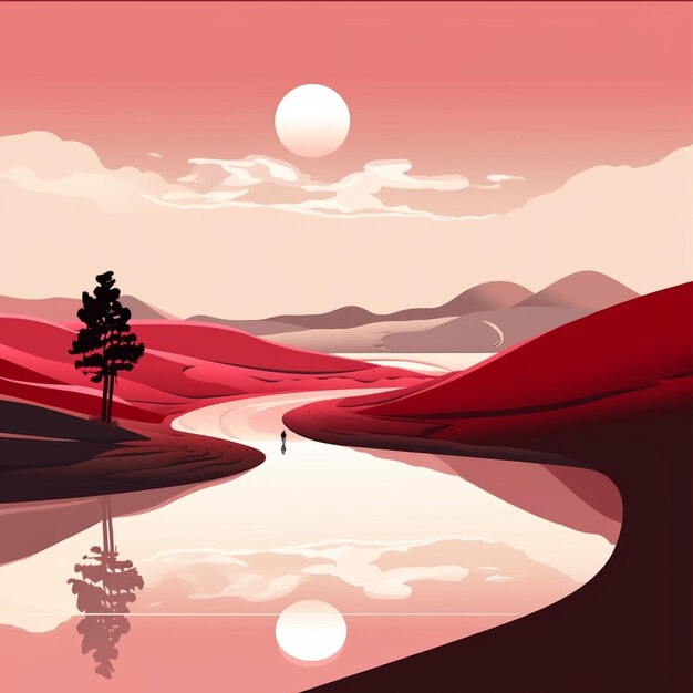 Zachód słońca nad czerwonymi wydmami Ilustracja wektorowa w stylu retro