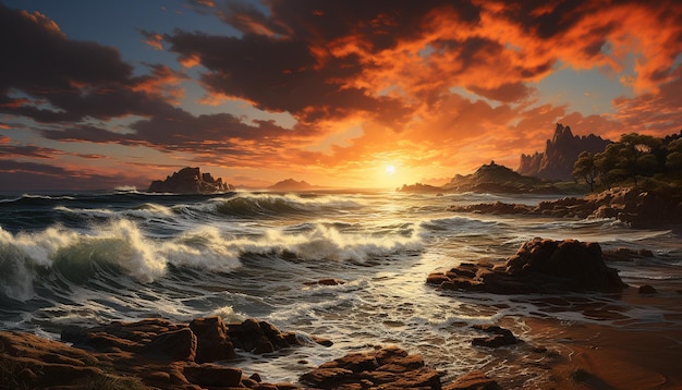 Zachód słońca nad falami wodnymi rozbijającymi się na spokojnym wybrzeżu generowany przez sztuczną inteligencję